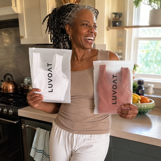 AI-generated Luvoat promotional illustration 3 — model with branded tank packaging