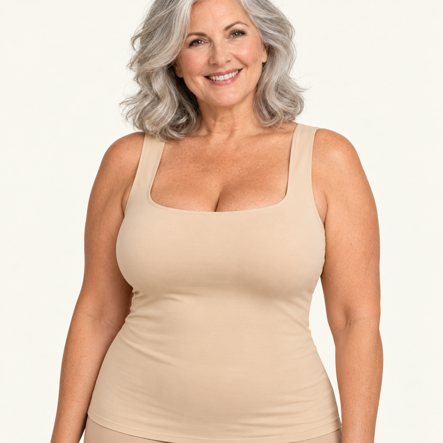 Front view of the beige Luvoat tank with wide straps