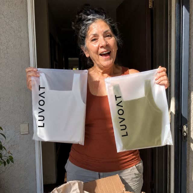 AI-generated Luvoat promotional illustration 4 — model with branded tank packaging