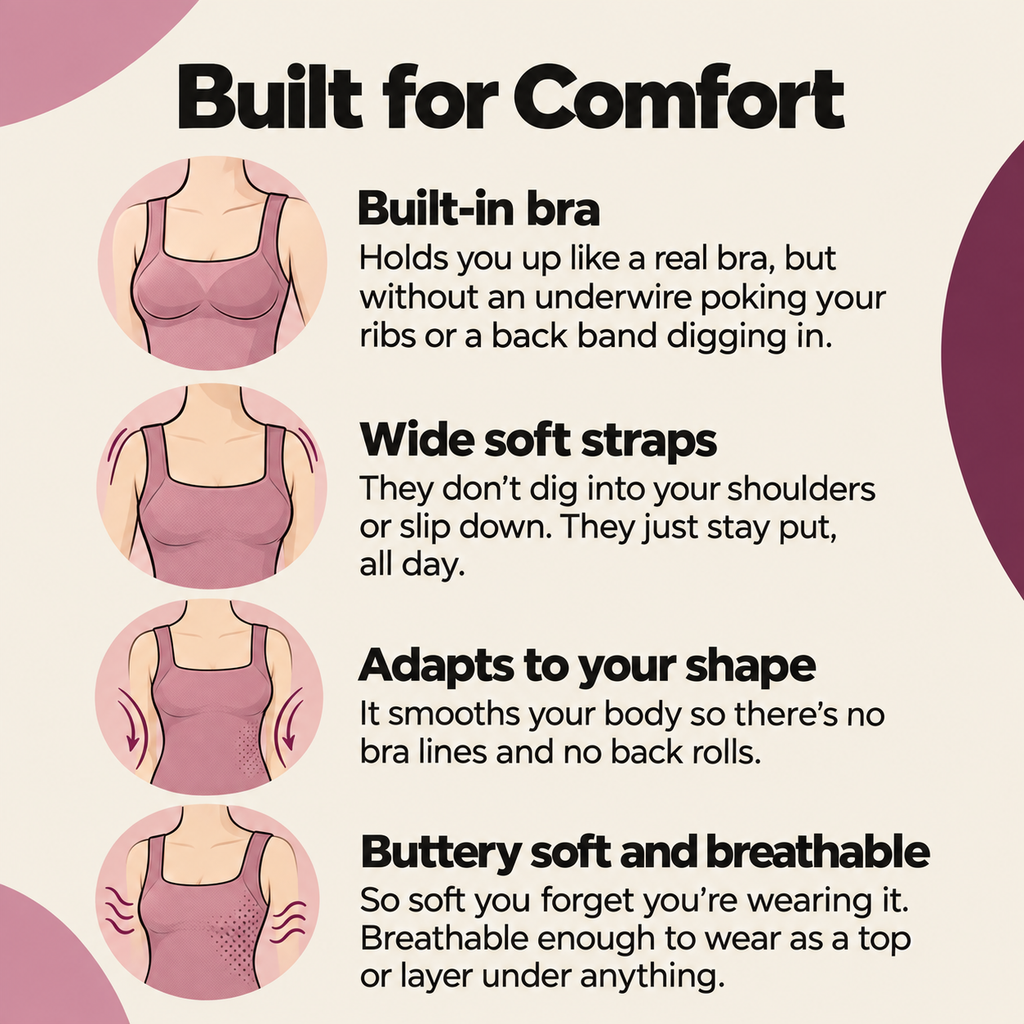 Built for Comfort — Luvoat built-in bra, wide soft straps, adaptable fit and soft fabric.