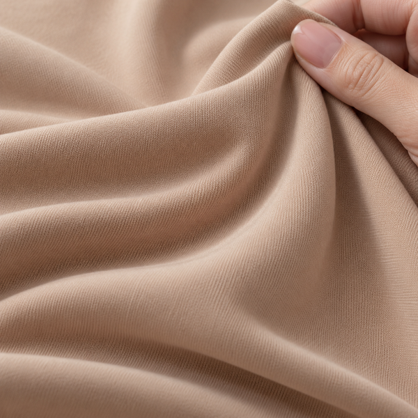 Illustration of the beige nylon-spandex fabric gathered between fingers